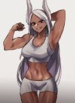  1girl animal_ears arm_behind_head armpits bangs bare_arms bare_shoulders bike_shorts boku_no_hero_academia breasts clenched_hand collarbone dark-skinned_female dark_skin flexing grin highres large_breasts long_eyelashes long_hair looking_at_viewer midriff mirko navel parted_bangs rabbit_ears rabbit_girl red_eyes short_shorts shorts smile solo sports_bra stomach thigh_gap thighs tommy_(kingdukeee) toned white_background white_hair white_shorts white_sports_bra 