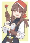  1girl brown_gloves brown_hair cake cleavage_cutout clothing_cutout commentary_request falcon_(girls&#039;_frontline) food food_on_face fork fruit girls&#039;_frontline gloves highres holding holding_fork holding_plate long_hair looking_at_viewer mojamozanari open_mouth plate red_eyes sidelocks simple_background smile solo strawberry twintails upper_body yellow_background 