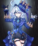  1girl arms_up ascot asymmetrical_gloves black_ascot black_gloves black_shorts blue_ascot blue_brooch blue_eyes blue_gemstone blue_hair blue_headwear blue_jacket commentary cowlick crying crying_with_eyes_open drop-shaped_pupils english_commentary frilled_sleeves frills furina_(genshin_impact) gem genshin_impact gloves hair_between_eyes hat heterochromia highres hydro_symbol_(genshin_impact) jacket kodona light_blue_hair lolita_fashion long_hair long_sleeves looking_at_viewer mismatched_gloves mismatched_pupils multicolored_hair open_mouth rain rosavatar1 shorts simple_background solo spotlight streaked_hair tears top_hat vision_(genshin_impact) white_gloves white_hair white_trim_bow 