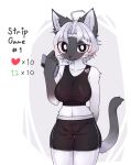  &lt;3 5_fingers absurd_res anthro black_eyes blush breasts clothed clothing domestic_cat eyelashes felid feline felis female fingers hair hi_res looking_at_viewer mammal navel short_hair siamese simple_background smile solo standing strip_game text thick_thighs ttaki white_body 