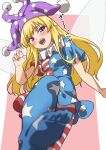  1girl american_flag_dress american_flag_legwear blonde_hair blush clownpiece dress fairy fairy_wings fang gyouza_(mhea5724) hat highres jester_cap long_hair open_mouth pantyhose pink_eyes polka_dot polka_dot_headwear purple_headwear smile solo star_(symbol) star_print striped striped_dress striped_pantyhose touhou wings 