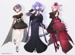  3girls asymmetrical_arms black_choker black_dress black_footwear black_hair blue_eyes bracelet choker dragon_tail dress finger_to_mouth fish_hair_ornament flower full_body gloves gown hair_ornament hayashi_kewi head_wings heterochromia jewelry long_hair medium_hair multicolored_hair multiple_girls nijisanji nijisanji_en obsydia_(nijisanji) off-shoulder_dress off_shoulder official_art orange_hair pantyhose petra_gurin pink_eyes pink_hair pointy_ears purple_eyes purple_hair purple_wings red_flower red_gloves red_pantyhose red_rose rose rosemi_lovelock selen_tatsuki short_dress short_hair streaked_hair tail virtual_youtuber wings 