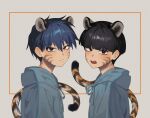  1didi11di 2boys absurdres animal_ears black_eyes black_hair blue_hoodie blunt_bangs border bowl_cut brothers brown_eyes closed_mouth extra_ears facial_mark fang from_side frown grey_background grey_hoodie hair_between_eyes highres hood hood_down hoodie kageyama_ritsu kageyama_shigeo long_sleeves looking_at_viewer looking_to_the_side male_focus mob_psycho_100 multiple_boys open_mouth outside_border short_hair siblings tail tiger_boy tiger_ears tiger_stripes tiger_tail upper_body 