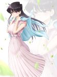  1girl black_hair blue_sweater blush brown_eyes dress falling_leaves hair_flowing_over highres jacket jacket_on_shoulders komi-san_wa_komyushou_desu komi_shouko leaf long_dress long_hair mitsugu pink_dress pleated_skirt skirt solo sweater white_background 