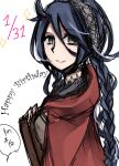  1girl ahoge alternate_hair_color blue_hair breasts capelet closed_mouth fire_emblem fire_emblem_fates from_side hairband happy_birthday highres hood hood_down hooded_capelet looking_at_viewer medium_breasts nina_(fire_emblem) parted_bangs red_capelet solo togo2828 upper_body 