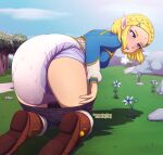  bent_over blonde_hair blue_eyes blush bottomwear bottomwear_down breath_cloud breath_of_the_wild clothed clothing cloud day diaper elf feces female flower footwear grass hair hi_res humanoid humanoid_pointy_ears hylian kneeling lazyblazy mammal messy_diaper nintendo not_furry open_mouth outside pants pants_down partially_clothed plant pooping princess_zelda relieved rock sagging_diaper shoes short_hair soiled_diaper soiling soiling_diaper solo the_legend_of_zelda white_diaper 