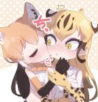  2girls :t ahoge animal_ears animal_print blonde_hair blush bow bowtie brown_hair cheek_press cheetah_(kemono_friends) cheetah_ears cheetah_print chibi closed_eyes closed_mouth collared_shirt colored_inner_hair cropped_shirt elbow_gloves extra_ears eyeshadow facing_another gloves hand_up heart holding_another&#039;s_wrist kemono_friends kiss kissing_cheek long_hair looking_at_another makeup maned_wolf_(kemono_friends) midriff multicolored_hair multiple_girls nose_blush orange_hair parted_bangs polka_dot polka_dot_background print_gloves sarutori shirt short_sleeves sleeveless sleeveless_shirt sound_effects stomach surprised upper_body very_long_hair white_shirt wide-eyed wing_collar wolf_ears yellow_eyes yuri 