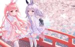  2girls :d animal_ears bow branch bridge bunny_day chitosezaka_suzu closed_mouth commentary_request feet_out_of_frame flower frilled_skirt frilled_sleeves frilled_thighhighs frills hair_between_eyes hair_bow highres japanese_clothes kimono long_sleeves multiple_girls original petals pink_flower pink_hair pink_skirt purple_bow purple_eyes purple_hair purple_skirt rabbit_ears red_bow red_eyes revision ribbon-trimmed_legwear ribbon_trim see-through skirt smile thighhighs twintails two_side_up water white_kimono white_thighhighs wide_sleeves 