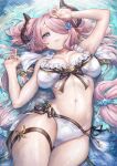  1girl bikini blue_eyes breasts breasts_apart butterfly_earrings butterfly_ornament collarbone double_bun draph drop_earrings earrings frilled_bikini frills granblue_fantasy hair_bun hair_over_one_eye highres horns jewelry large_breasts light_purple_hair long_hair looking_at_viewer lying narmaya_(granblue_fantasy) narmaya_(summer)_(granblue_fantasy) navel official_alternate_costume on_back outdoors parted_lips partially_submerged pointy_ears smile solo swimsuit thigh_strap wet white_bikini yuiko_(yuiyuiko_108) 