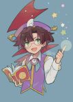  1boy blue_background book brown_hair clock collared_shirt cropped_torso dated fingernails glasses gold_trim green_eyes green_ribbon hana_(mew) hand_up highres holding holding_book klug_(puyopuyo) long_sleeves looking_afar looking_to_the_side magic male_focus neck_ribbon open_book open_mouth pointing pointing_up purple_headwear purple_vest puyopuyo puyopuyo_fever ribbon round_eyewear shirt short_hair signature solo star_(symbol) tassel vest white_shirt wing_hat_ornament 