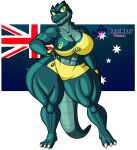  2023 3_toes abs absurd_res alpha_channel anthro australian_flag big_breasts blu3danny border bottomwear bra breasts claws cleavage clothed clothing crocodile crocodilian crocodylid facial_piercing feet female finger_claws green_body green_scales hi_res humanoid_hands lip_piercing lip_ring muscular muscular_anthro muscular_female navel piercing reptile ring_piercing scales scalie shorts smile solo sports_bra standing thick_thighs toe_claws toes transparent_border underwear willow_campbell 
