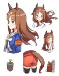  1girl animal_ears ass black_thighhighs blue_eyes blush bow brown_hair buttons closed_eyes commentary_request dandelion double-breasted ear_ornament ear_wiggle flower flower_pot grass_wonder_(umamusume) highres horse_ears horse_girl horse_tail long_hair long_sleeves multicolored_hair multiple_views parted_lips red_shorts shirt shorts simple_background smile streaked_hair tail tail_through_clothes takuan_(taku1219oekaki) thighhighs umamusume upper_body white_background white_bow white_hair white_shirt 