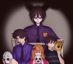  1girl 3boys bad_id bad_pixiv_id badge bear_mask black_shirt blue_eyes bow brown_hair character_mask circus_baby_(fnaf) closed_mouth clown_mask clown_nose collared_shirt commentary crying_child_(fnaf) different_shadow elizabeth_afton ennard family five_nights_at_freddy&#039;s five_nights_at_freddy&#039;s:_sister_location five_nights_at_freddy&#039;s_4 golden_freddy green_eyes hair_between_eyes hair_bow half-closed_eyes highres hiji_(hijichan) holding holding_mask korean_commentary long_hair long_sleeves looking_at_viewer mask michael_afton multiple_boys necktie orange_hair pink_bow pink_shirt purple_shirt security_guard shirt short_hair simple_background smile spoilers springtrap tie_clip upper_body william_afton 