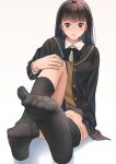  1girl amagami ayatsuji_tsukasa black_eyes black_hair black_jacket black_sailor_collar black_socks blazer cardigan closed_mouth collared_shirt feet foot_focus foreshortening full_body grey_skirt hand_on_own_knee highres jacket kibito_high_school_uniform kneehighs long_sleeves looking_at_viewer pleated_skirt ryo_taton sailor_collar school_uniform shirt simple_background sitting skirt socks solo white_background white_shirt yellow_cardigan 