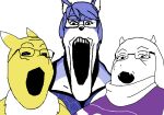  anonymous_artist anthro bandai_namco black_eyes blue_body blue_fur bovid canid canine caprine clothing digimon digimon_(species) eyewear female fox fur glasses goat group krystal mammal nintendo open_mouth renamon robe simple_background soyjak star_fox toriel trio undertale_(series) white_background white_body white_fur yellow_body yellow_fur 