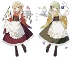  2girls absurdres apron blonde_hair boots dress flandre_scarlet food fruit green_dress green_eyes green_hair heart highres holding holding_spoon holding_tray komeiji_koishi long_hair long_sleeves looking_at_viewer maid maid_apron maid_headdress medium_hair multiple_girls open_mouth red_dress red_eyes shaved_ice side_ponytail simple_background sorani_(kaeru0768) spoon standing standing_on_one_leg strawberry tail touhou tray white_background wings 