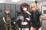  4girls ;d ahoge belt belt_buckle black_belt black_gloves black_jacket black_ribbon black_shorts blonde_hair bow brown_hair buckle camouflage camouflage_pants closed_mouth commentary_request commission crop_top door english_commentary gloves grey_headwear grey_jacket gun h&amp;k_mp7 hair_between_eyes hair_bow hair_intakes hair_ribbon hand_in_pocket headwear_removed helmet helmet_removed highres holding holding_helmet indoors jacket locker locker_room midriff multiple_girls navel ndtwofives one_eye_closed one_side_up original pants red_bow red_eyes ribbon short_sleeves shorts side_ponytail smile squatting submachine_gun weapon yellow_eyes 