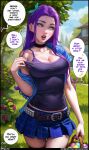 1girl abigail_(stardew_valley) aroma_sensei basket belt blue_eyes breasts choker cleavage denim denim_skirt ear_piercing earrings easter easter_egg egg english_text hair_ribbon hand_on_hip highres holding holding_basket jewelry large_breasts lips nail_polish navel off_shoulder open_clothes open_shirt outdoors parted_bangs piercing purple_hair purple_nails ribbon sideways_glance skirt solo speech_bubble stardew_valley tank_top teeth thick_lips thigh_gap thighhighs thighs 
