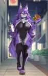  anthro beverage big_breasts breasts burger canid canine canis chest_tuft clothing collar container cup curvy_figure etivka food footwear hair hi_res holding_container holding_cup holding_food holding_object hourglass_figure japan kemono legwear licking licking_lips mammal navel_outline night orange_eyes platform_footwear purple_hair rae_(girlsay) small_waist thigh_highs toeless_footwear tongue tongue_out tuft urban walking_towards_viewer wide_hips wolf 