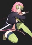  1girl belt black_background braid breasts cleavage closed_mouth demon_slayer_uniform fighting_stance foot_out_of_frame glaring gradient_hair green_eyes green_hair green_thighhighs highres holding holding_sword holding_weapon jason_kim kanroji_mitsuri kimetsu_no_yaiba large_breasts looking_at_viewer miniskirt mole mole_under_eye multicolored_hair pink_hair pleated_skirt sandals simple_background skirt solo sword thighhighs twin_braids two-tone_hair v-shaped_eyebrows weapon whip_sword white_belt zettai_ryouiki 