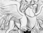  ambiguous_gender anthro armor avian breastplate canid canine canis clothing dialogue feral gauntlets gloves group gryphon handwear headgear helmet hi_res imminent_vore jagg_(thatgryphonguy) licking licking_lips looking_down male mammal mythological_avian mythology ramz_(thatgryphonguy) riding rumbling_stomach size_difference sketch spread_wings tail tail_wraps thatgryphonguy tongue tongue_out traditional_media_(artwork) trio vore wings wolf wraps 
