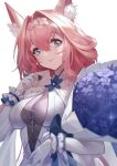  1girl animal_ear_fluff animal_ears arknights blue_eyes blue_flower bouquet breasts cleavage closed_mouth commentary_request covered_navel dress elbow_gloves envelope flower gloves hair_flower hair_intakes hair_ornament hand_up heidi_(arknights) highres holding holding_envelope long_hair looking_at_viewer medium_breasts pink_hair simple_background smile solo upper_body very_long_hair white_background white_dress white_flower white_gloves woodylixx 