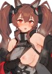  1girl angelina_(arknights) angelina_(endfield)_(arknights) animal_ear_fluff animal_ears arknights arknights:_endfield armpits black_gloves blush breasts brown_hair clothes_pull diamond-shaped_pupils diamond_(shape) dot_nose dress fox_ears fox_girl gloves grey_dress headpiece high_belt highres long_hair looking_at_viewer medium_breasts nipples open_mouth red_eyes san_p.dro solo sweat symbol-shaped_pupils twintails white_background 