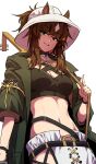  1girl abs absurdres animal_ears arknights black_bra bra breasts brown_hair cleavage coat commentary cowboy_shot criss-cross_halter ears_through_headwear english_commentary fedora green_coat green_eyes hair_ornament halterneck hat highres hip_vent horse_ears instrument instrument_on_back long_hair looking_at_viewer lute_(instrument) medium_breasts meteor_(arknights) meteor_(bard&#039;s_holiday)_(arknights) multicolored_hair navel official_alternate_costume open_clothes open_coat pants parted_lips ponytail samacho sidelocks simple_background smile solo sports_bra standing star_(symbol) star_hair_ornament stomach two-tone_hair underwear white_background white_hair white_headwear white_pants wristband 