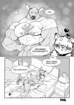  anthro antler_removal antlers big_muscles big_pecs bottomless bottomless_male clothed clothing comic cuddling deer dialogue duo felid feline hi_res horn horn_removal huge_muscles male male/male mammal muscular nipples pantherine pecs penile romantic romantic_couple sex stagor55 text 
