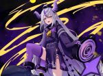  1girl absurdres ahoge ascot black_horns braid braided_bangs collar grey_hair highres hololive horns jesh_art la+_darknesss la+_darknesss_(1st_costume) long_hair metal_collar multicolored_hair pointy_ears purple_hair purple_thighhighs single_thighhigh sleeves_past_fingers sleeves_past_wrists streaked_hair striped_horns thighhighs virtual_youtuber yellow_ascot yellow_eyes 