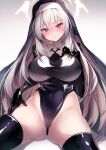  1girl absurdres black_thighhighs blue_archive blush breasts closed_mouth coif cowboy_shot grey_hair groin habit hair_between_eyes halo highres large_breasts long_hair looking_at_viewer nenobi_(nenorium) nun purple_eyes sakurako_(blue_archive) solo thighhighs yellow_halo 
