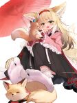  1girl :d animal animal_ear_fluff animal_ears apron arknights black_hakama blonde_hair blush bobby_socks coin_purse commentary_request floral_print flower fox fox_ears fox_girl fox_tail frilled_apron frills green_eyes hair_flower hair_ornament hairband hakama hakama_skirt hehehzb highres holding holding_animal japanese_clothes kimono kitsune kyuubi long_sleeves multicolored_hair multiple_tails no_shoes official_alternate_costume oil-paper_umbrella okobo open_mouth pink_kimono pleated_skirt red_hairband red_umbrella sandals sandals_removed skirt smile socks solo suzuran_(arknights) suzuran_(yukibare)_(arknights) tabi tail two-tone_hair umbrella waist_apron white_apron white_hair white_socks wide_sleeves yagasuri 