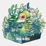  berry_(pokemon) commentary_request faux_figurine grass looking_at_viewer looking_back no_humans open_mouth oran_berry plant pokedex_number pokemon pokemon_(creature) red_eyes shino_(shinoru_p) simple_background snivy solo vines white_background 