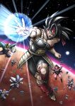  abs armor bardock bleeding blood blood_on_clothes blood_on_face broken_armor bruise cuts dragon_ball dragon_ball_z hifumi_o123 highres injury monkey_tail muscular muscular_male pectorals saiyan saiyan_armor scar scar_on_cheek scar_on_face scouter scratches spiked_hair tail wristband 