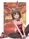  1girl animal_ears black_pantyhose blurry blurry_background blush bow bowtie breasts casino cleavage collarbone commentary_request covered_navel detached_collar fake_animal_ears fake_tail green_hair hair_between_eyes high_heels idolmaster idolmaster_million_live! indoors konachiri leotard nagayoshi_subaru no_shoes open_mouth pantyhose rabbit_ears rabbit_tail red_bow red_bowtie red_eyes red_footwear red_leotard short_hair sitting small_breasts smile solo tail twitter_username wrist_cuffs 