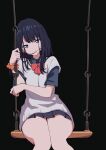  1girl absurdres ass black_hair black_skirt blue_eyes bow breasts defaultkavy gridman_universe gridman_universe_(film) highres holding long_hair looking_at_viewer park playground school_uniform shirt sitting skirt solo swing swing_set takarada_rikka thighs 