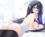  1girl ass bare_shoulders black_hair black_pantyhose blue_archive blue_eyes blue_hair blue_halo blue_necktie blush breasts colored_inner_hair dress earrings eyeliner giga-tera glasses halo highres jewelry large_breasts long_hair looking_at_viewer makeup multicolored_hair necktie panties pantyhose paper_stack pointy_ears rimless_eyewear rin_(blue_archive) sideboob sleeveless slit_pupils solo underwear very_long_hair white_panties 