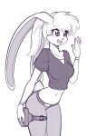  2023 anthro belt bottomwear breasts clothing eyebrows eyelashes female hair hi_res lagomorph leaning leaning_forward leporid long_ears mammal midriff navel open_mouth pants ponytail rabbit scorpdk shirt simple_background sketch solo thigh_pouch topwear white_background wristband 