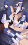  1girl absurdres bar_censor blue_bow blue_hair blush bow cat_tail censored clothed_female_nude_male commission cowgirl_position cum cum_in_pussy dress english_text femdom footjob frederica_bernkastel girl_on_top highres kneehighs long_hair long_sleeves looking_at_viewer looking_back nude open_mouth penis purple_eyes recklessdraw sex socks straddling tail tail_bow tail_ornament teeth umineko_no_naku_koro_ni upper_teeth_only vaginal white_socks 