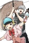  1boy 1girl arm_up black_pants blue_headwear bow bowtie brown_eyes brown_hair capelet cosplay cousins doujima_nanako eyelashes feet_out_of_frame fish fishing_rod gloves grey_eyes grey_hair grey_vest hair_bow hand_mirror highres holding igusaharu looking_at_viewer magical_detective_loveline magical_detective_loveline_(cosplay) mirror narukami_yuu one_eye_closed open_mouth pants persona persona_4 pink_capelet pink_gloves pink_skirt pink_vest red_bow red_bowtie shadow short_twintails simple_background skirt sweatdrop swept_bangs teeth twintails upper_body upper_teeth_only vest white_background yellow_bow 