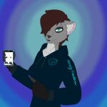  1:1 absurd_res anthro blue_eyes brown_hair caxy caxy_creations cellphone clothing davina_seltz eye_markings female fur gloves grey_body grey_fur hair handwear hi_res hoodie hybrid markings multicolored_body multicolored_fur phone simple_background solo topwear webpage white_body white_fur 