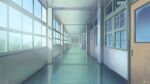  ceiling dappled_sunlight door fire_extinguisher hallway indoors interior midorikawa0526 morning no_humans original scenery school shadow sign sunlight wall window 