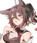  1girl :p animal_ear_fluff animal_ears bare_shoulders blush breasts brown_shirt cleavage cleavage_cutout closed_mouth clothing_cutout cropped detached_sleeves earrings fox_ears fox_girl gradient_hair green_eyes hair_between_eyes hair_ornament hand_on_own_chest head_tilt high_ponytail highres honkai:_star_rail honkai_(series) jewelry long_hair looking_at_viewer medium_breasts multicolored_hair ponytail portrait raised_eyebrows red_hair shirt sidelocks simple_background sleeveless sleeveless_shirt so_zei_tama_tama solo tingyun_(honkai:_star_rail) tongue tongue_out white_background white_sleeves 