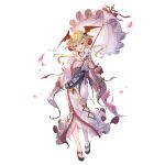  1girl bat_wings blonde_hair blush fang flower gloves granblue_fantasy hair_between_eyes hair_ornament hairclip head_wings japanese_clothes kimono long_hair looking_at_viewer minaba_hideo obi official_art open_mouth petals pointy_ears red_eyes red_flower red_rose rose sash smile solo transparent_background vampire vampy white_gloves white_kimono wings yukata 