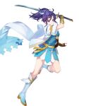  1girl ahoge alternate_costume arm_guards asahikawa_hiyori belt boots closed_mouth dress feather_trim fingerless_gloves fir_(fire_emblem) fir_(resplendent)_(fire_emblem) fire_emblem fire_emblem:_the_binding_blade fire_emblem_heroes full_body fur_trim gloves gold_trim gradient_clothes hair_ornament hand_up highres holding holding_sword holding_weapon knee_boots leg_up long_hair non-web_source official_alternate_costume official_art purple_eyes purple_hair scarf short_dress short_sleeves side_ponytail solo standing sword transparent_background weapon 