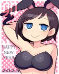  1girl 2023 animal_ears arm_behind_head armpits bandeau black_bandeau blue_eyes blush boku_no_kokoro_no_yabai_yatsu breasts bright_pupils brown_hair chinese_zodiac cleavage closed_mouth commentary_request fake_animal_ears happy_new_year hospital_king ichikawa_kana looking_at_viewer medium_breasts pink_background polka_dot polka_dot_background rabbit_ears ringed_eyes short_bangs short_hair smile solo swept_bangs upper_body white_pupils year_of_the_rabbit 