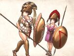  ancient_greek_clothes armor aspis baldric breasts cleavage corinthian_helmet greaves highres holding holding_polearm holding_weapon hoplite hoplite_(centurii-chan) ironlily looking_to_the_side original plume polearm ponytail shield spear sword tunic twintails weapon 
