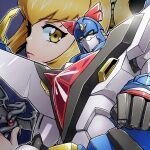  1girl blonde_hair blue_background clenched_hand english_commentary expressionless highres holding looking_at_viewer mecha mmuttonn poptepipic popuko robot science_fiction super_pipimi super_robot yellow_eyes 