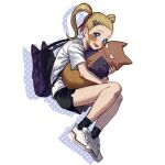  1girl bag black_shorts blonde_hair blue_eyes blush dragon_quest dragon_quest_builders_2 female_builder_(dqb2) full_body hair_ornament hairclip highres long_hair looking_at_viewer open_mouth school_bag shoes shorts shousan_(hno3syo) simple_background smile sneakers solo twintails white_background 