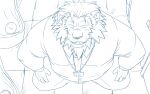  2023 anthro bathroom belly big_belly blush bottomwear clothing detailed_background felid humanoid_hands kemono lion male mammal oogamikennta overweight overweight_male pantherine pants shirt solo topwear 